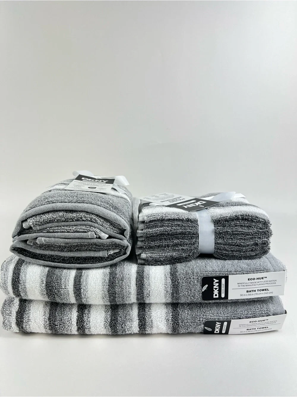 DKNY Bath Towel Set Gray White Stripe Eco Hue Soft Cotton Blend 8 Pc NEW